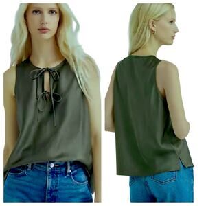 Loft Blouse Satin Bow Sleeveless Shell- Dark Olive size XL NWT